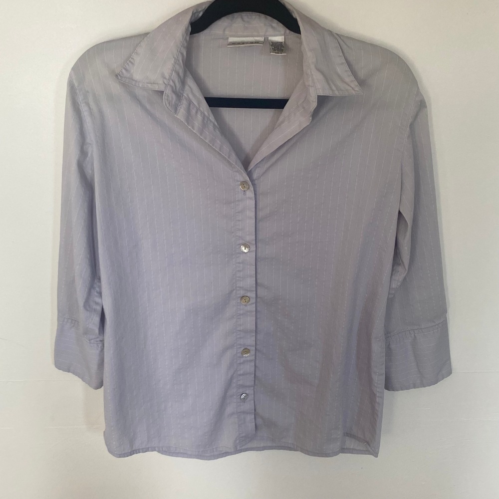Chicos Design Womens Light Blue Pinstripe 3/4 Sleeve Button Down Shirt Size 0 S
